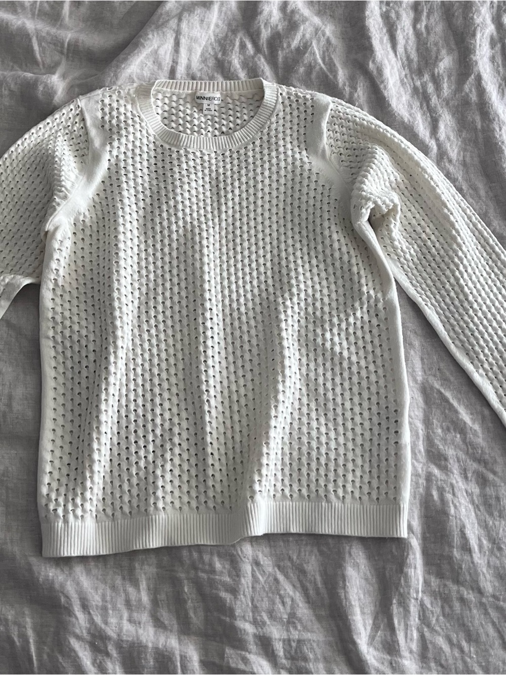 Minnie Rose Ivory Open-Knit Crewneck Sweater